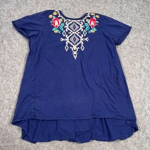 Johnny Was Blue Embroidered Pleated Back‎ Short Sleeve Top Women's Size Medium